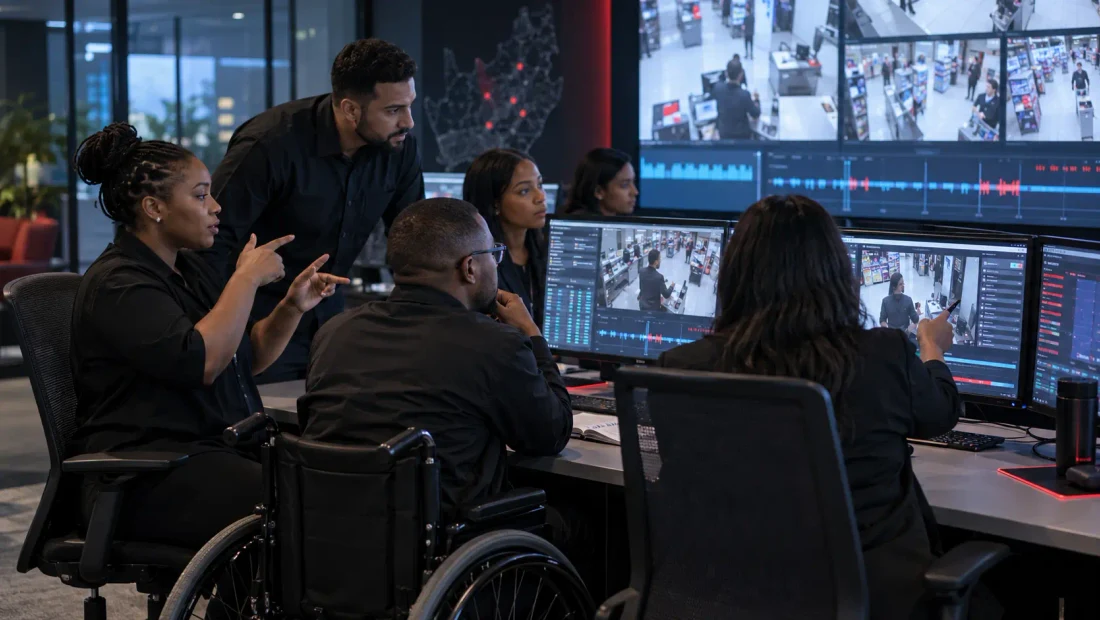 Video auditors reviewing synchronized retail checkout footage and transaction data